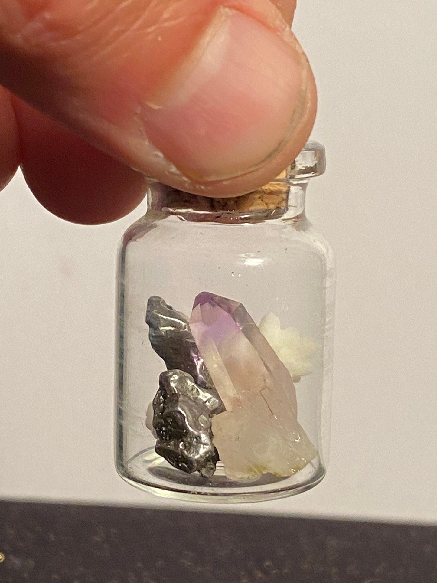 Earth, Water and Space in a Bottle Pendant, (Amethyst Crystal, White Coral, Meteorite)