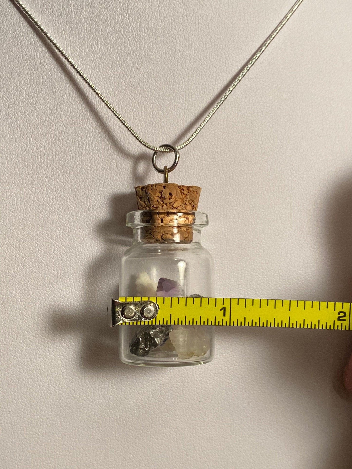 Earth, Water and Space in a Bottle Pendant, (Amethyst Crystal, White Coral, Meteorite)