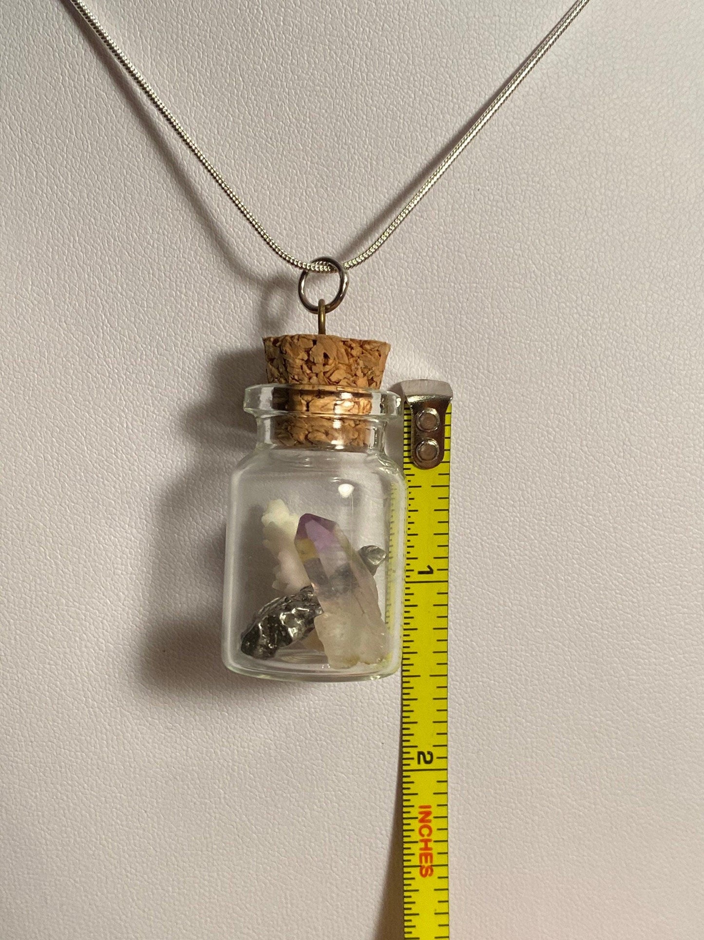 Earth, Water and Space in a Bottle Pendant, (Amethyst Crystal, White Coral, Meteorite)