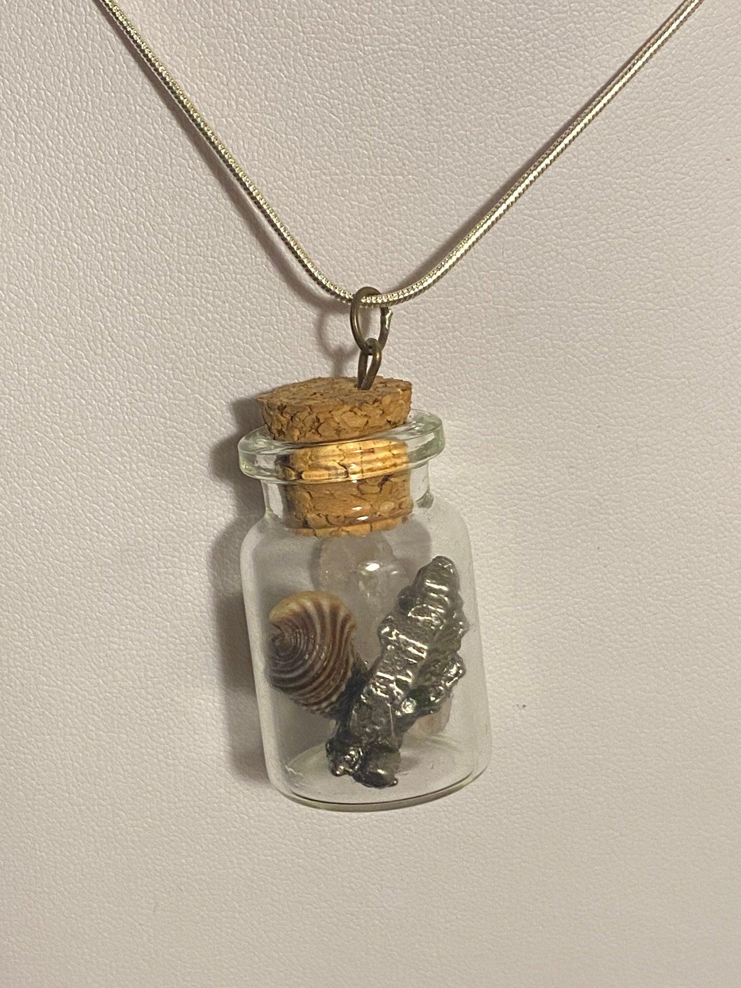 Earth, Water and Space in a Bottle Pendant (Himalayan Quartz, Cerithium Shell, Meteorite)