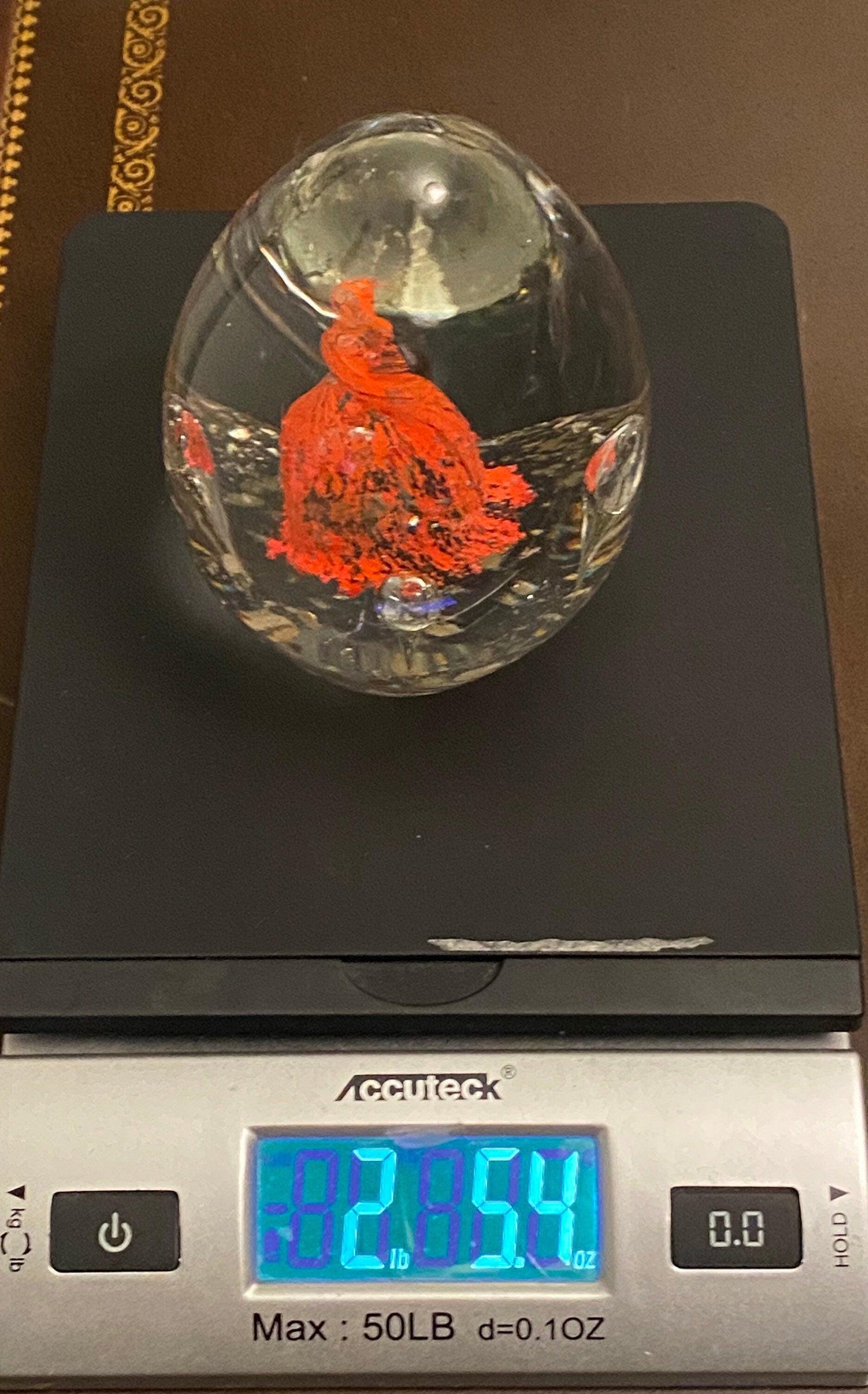 Crystal Blown Glass Paperweight, red orange swirl with four bubbles, The Perfect Gift