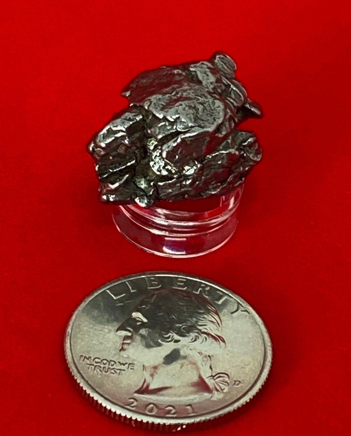 Unique Meteorite Specimen Campo del Cielo 16.71 grams, comes with a display case, stand and a velvet carrying bag, Melted Iron Meteorite