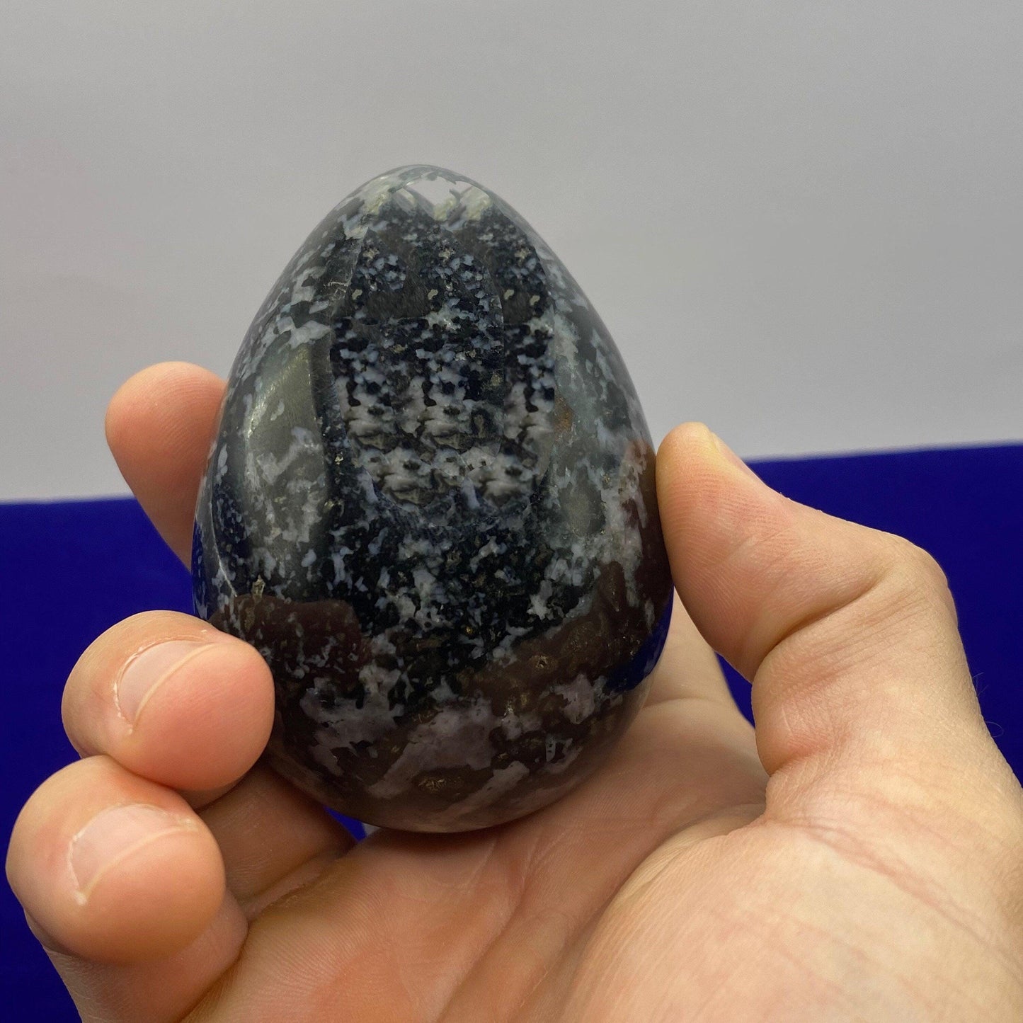 Beautiful smooth polished Indigo Gabbro Egg, A stone of Courage and Confidence, Mineral Egg, Stone Egg, Mystic Merlinite weight is 12.2 oz