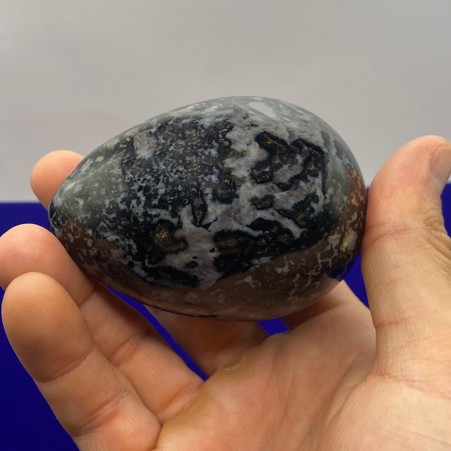Beautiful smooth polished Indigo Gabbro Egg, A stone of Courage and Confidence, Mineral Egg, Stone Egg, Mystic Merlinite weight is 12.2 oz