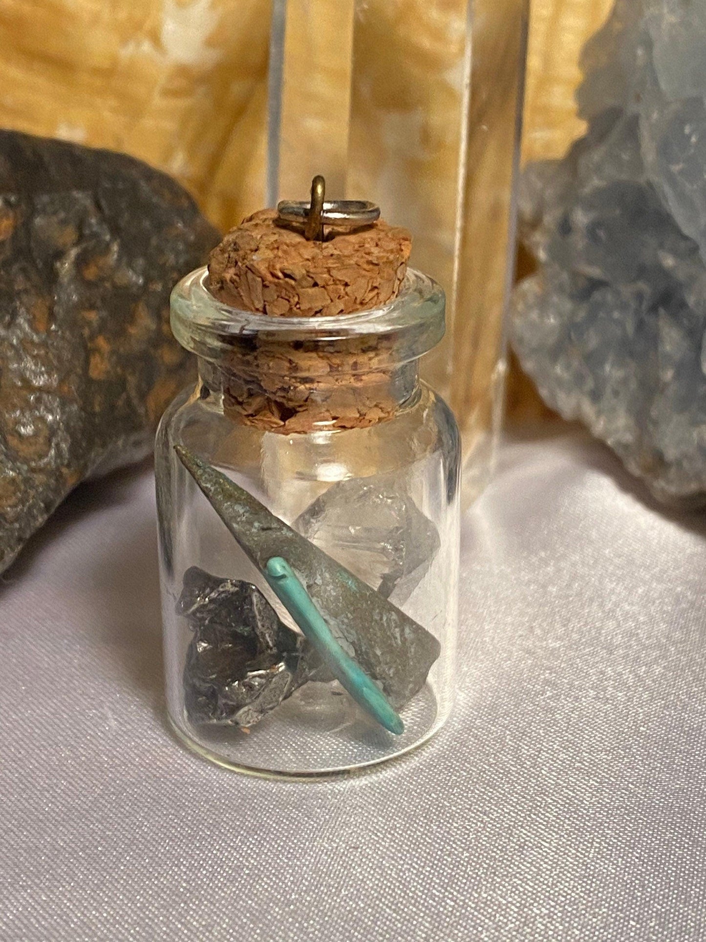 Earth, Water and Space in a Bottle Pendant (Turquoise, Coral, Meteorite)