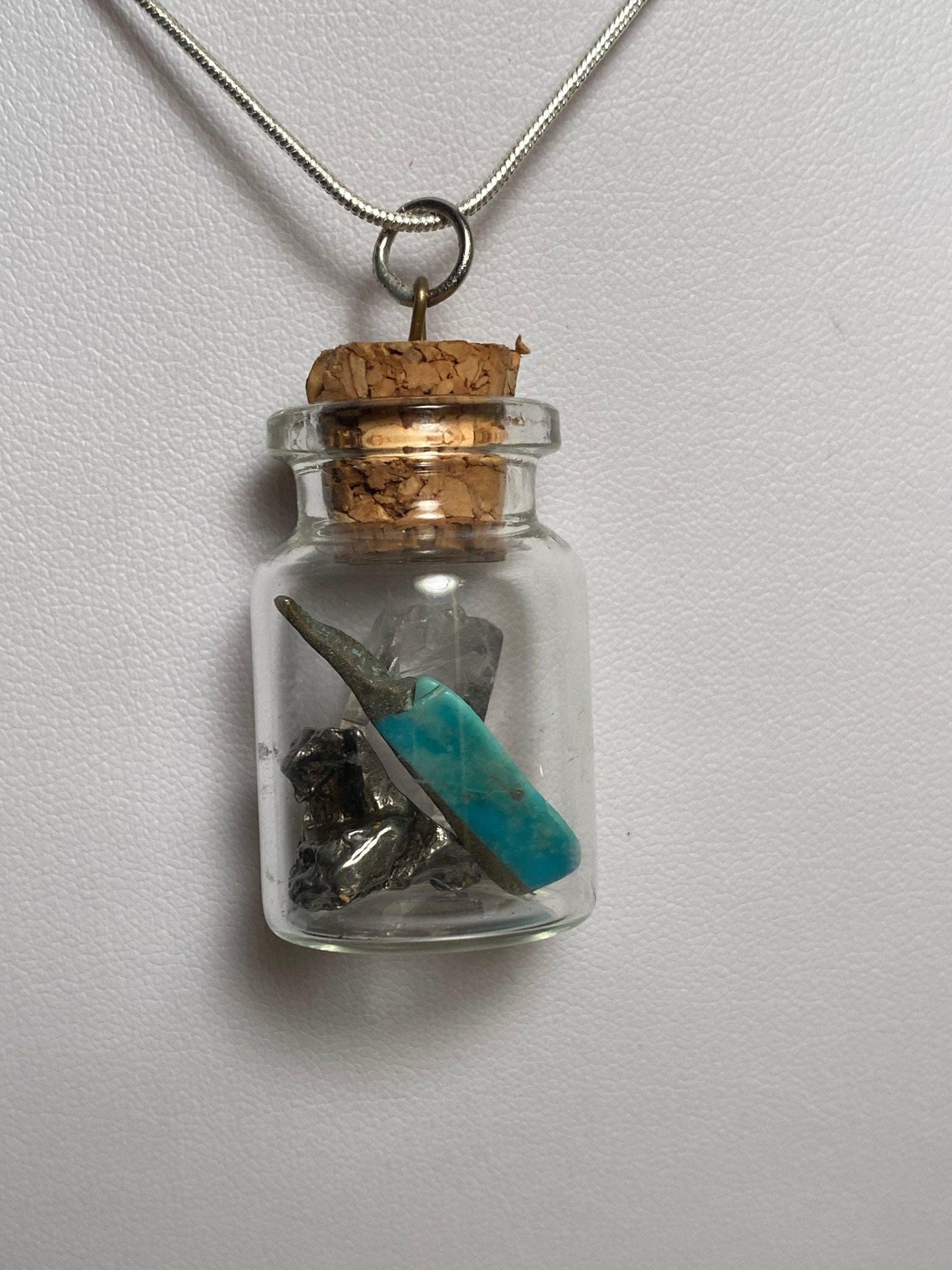 Earth, Water and Space in a Bottle Pendant (Turquoise, Coral, Meteorite)