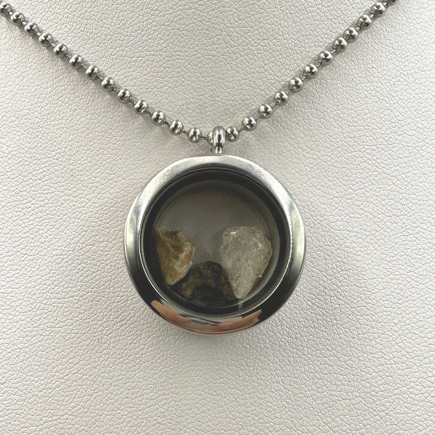 Moon, Mars and Earth in a Floating Locket, Mars Shergottite, Bechar 007 Moon Meteorite, Nigerian Phenacite, Handmade Locket, Astronomy Gift