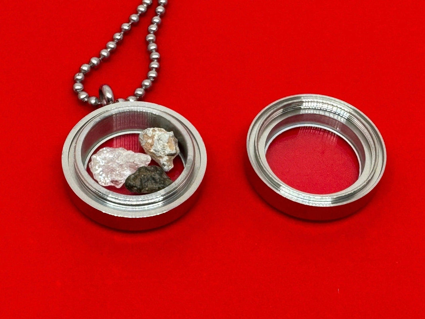 Moon, Mars and Earth in a Floating Locket, Mars Shergottite, Bechar 007 Moon Meteorite, Nigerian Phenacite, Handmade Locket, Astronomy Gift