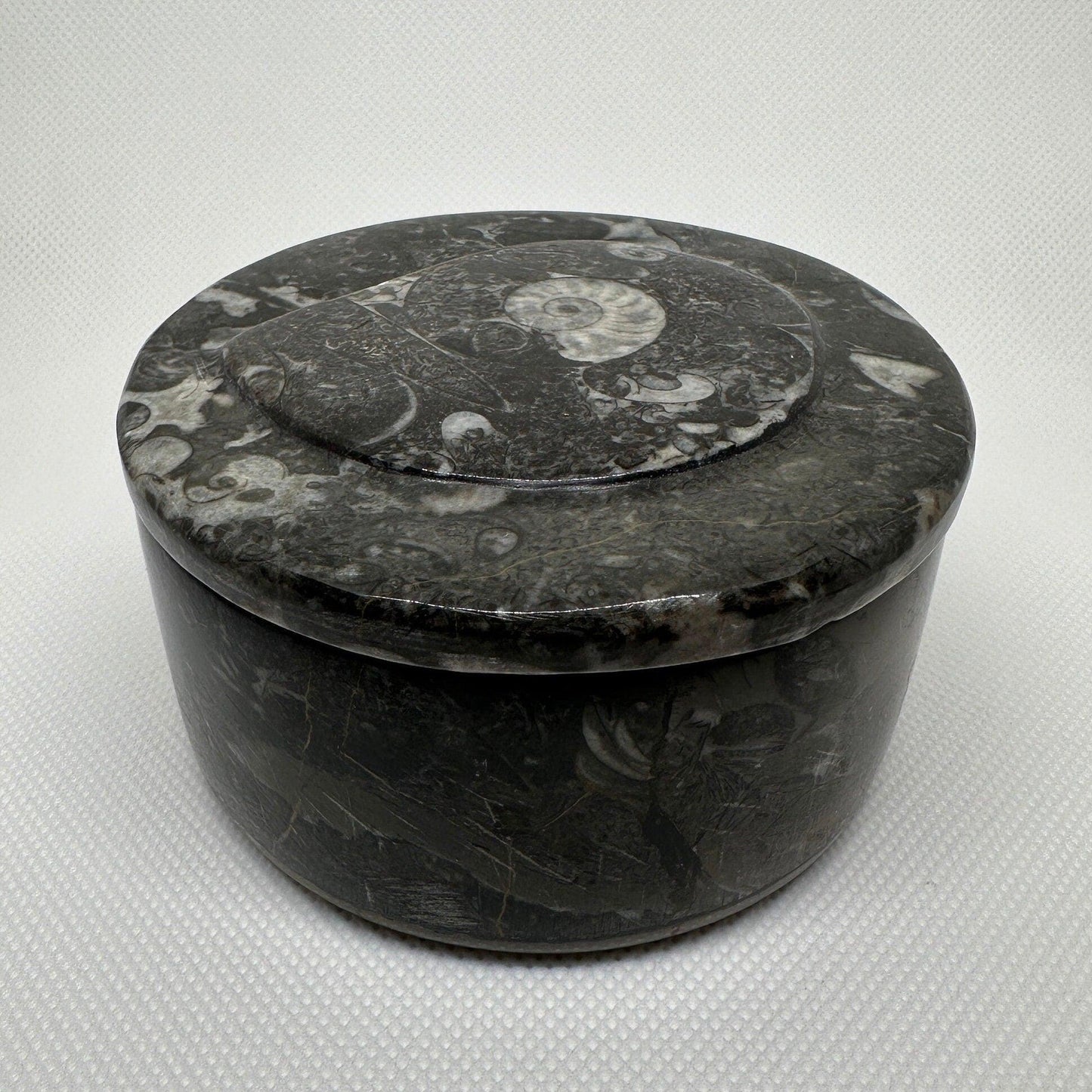 Beautiful Ammonite Handmade Stash Box, Round Black Marble Box with Fitted Lid, Golden Section, Fossil, Morocco, 13.8 ounces