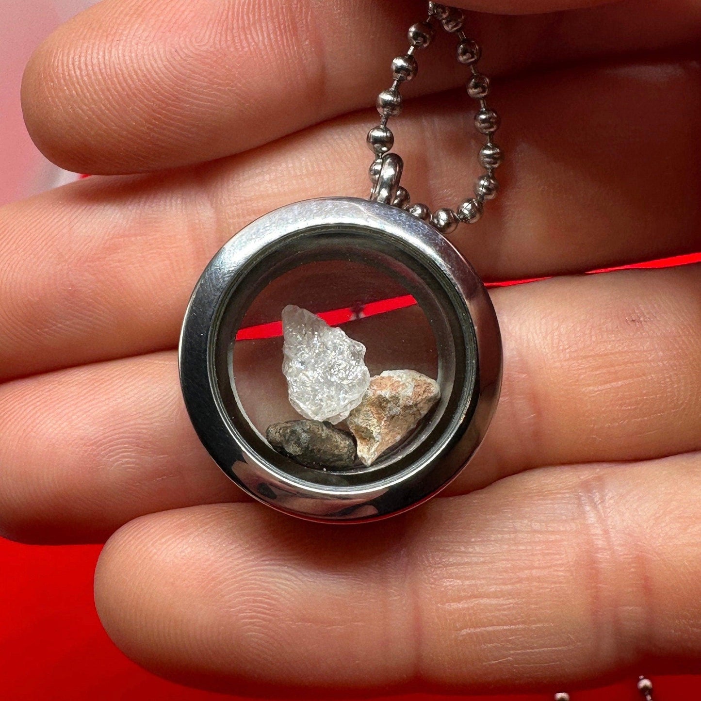 Moon, Mars and Earth in a Floating Locket, Mars Shergottite, Bechar 007 Moon Meteorite, Nigerian Phenacite, Handmade Locket, Astronomy Gift