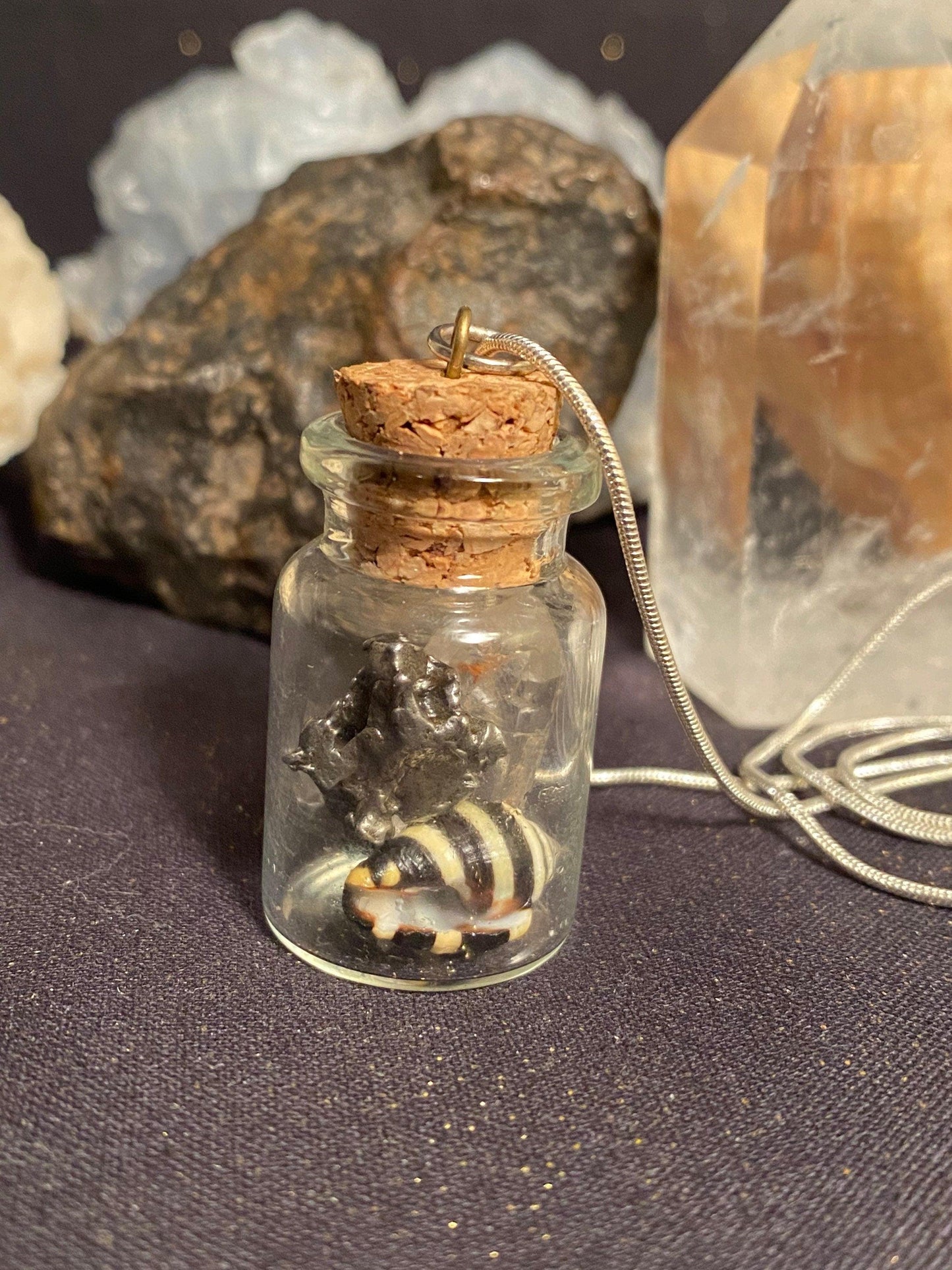 Earth, Water and Space in a Bottle Pendant (Himalayan Quartz, Beehive Shell, Meteorite)