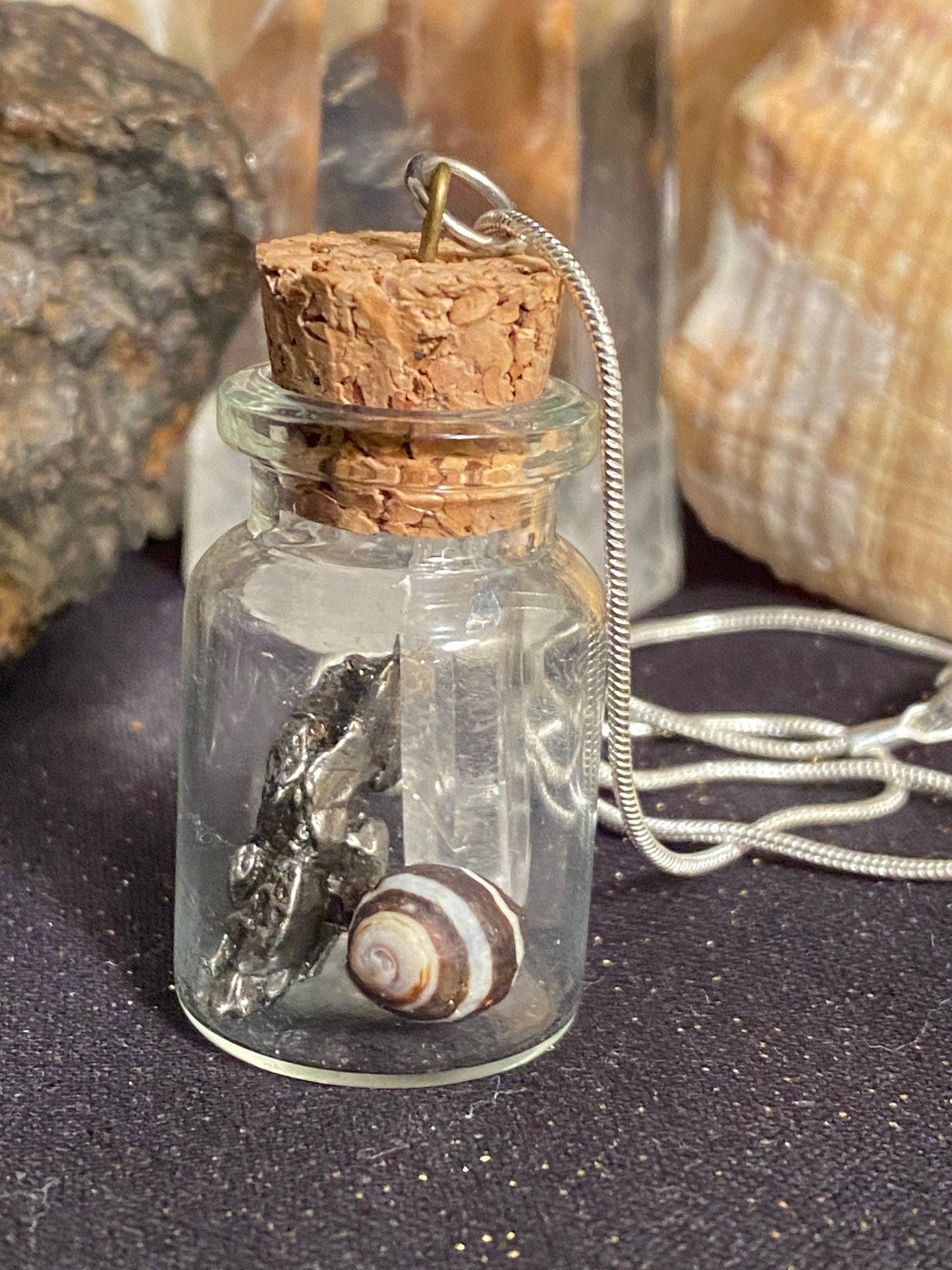 Earth, Water and Space in a Bottle Pendant (Himalayan Crystal, Beehive shell, Meteorite)