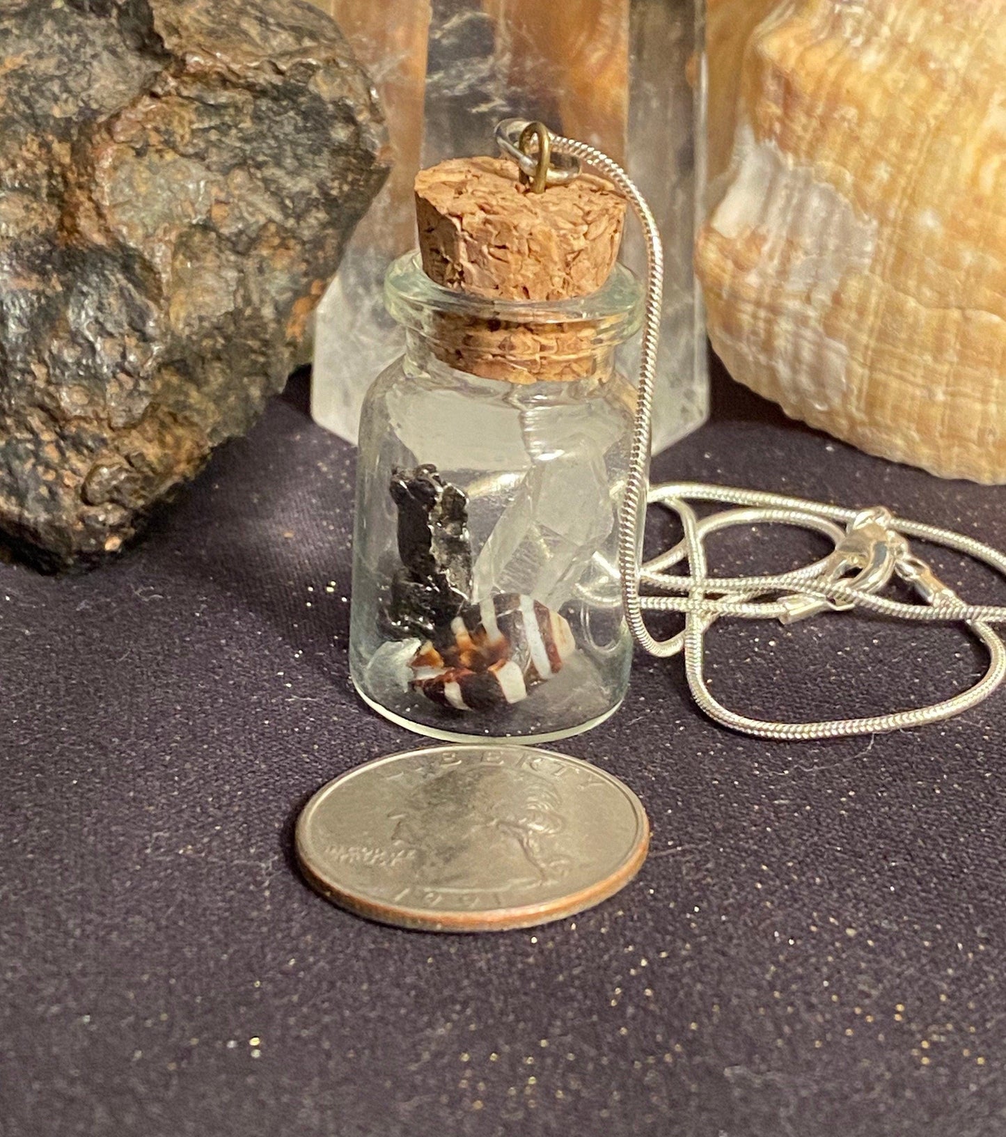 Earth, Water and Space in a Bottle Pendant (Himalayan Crystal, Beehive shell, Meteorite)