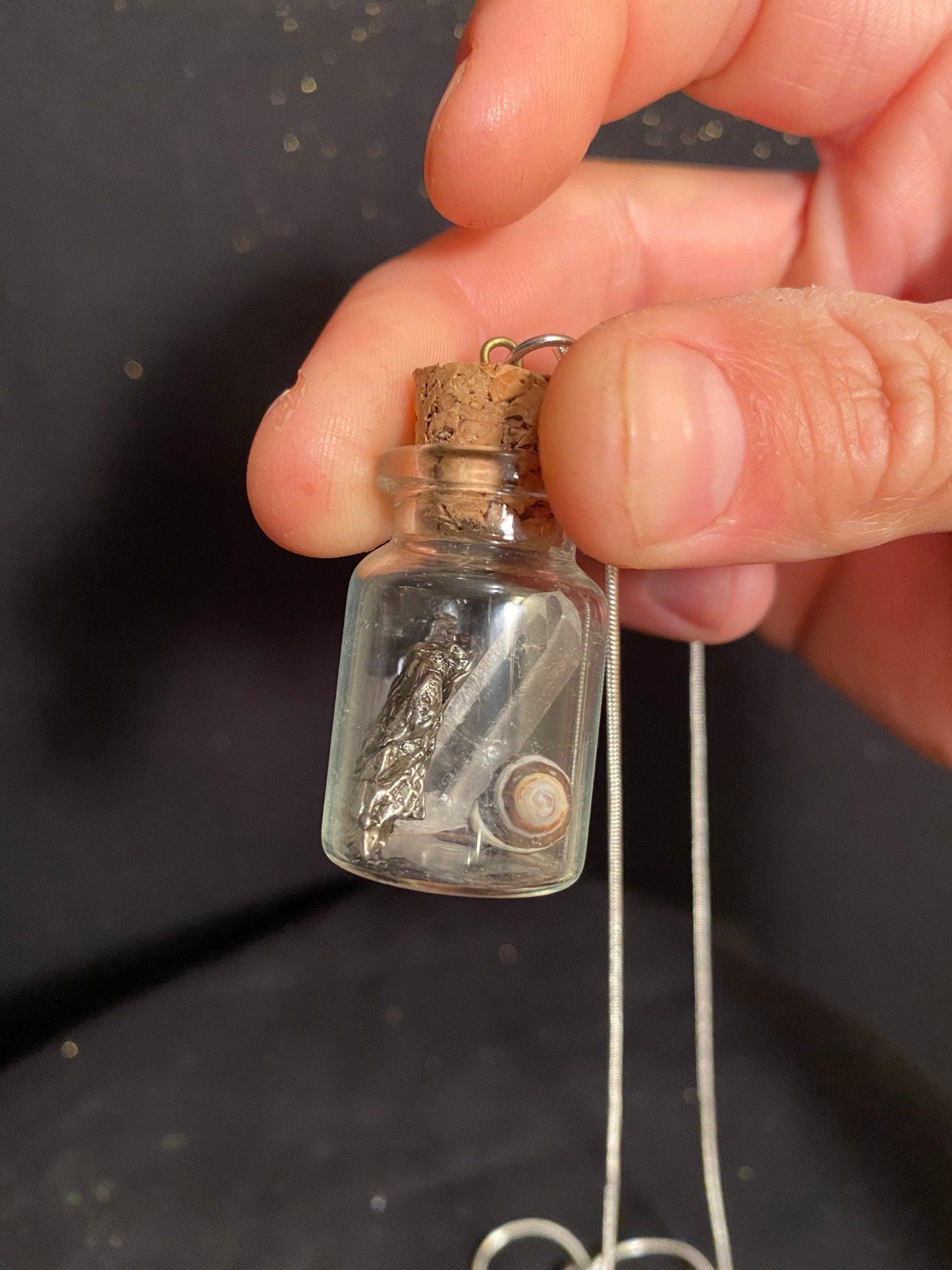 Earth, Water and Space in a Bottle Pendant (Himalayan Crystal, Beehive shell, Meteorite)