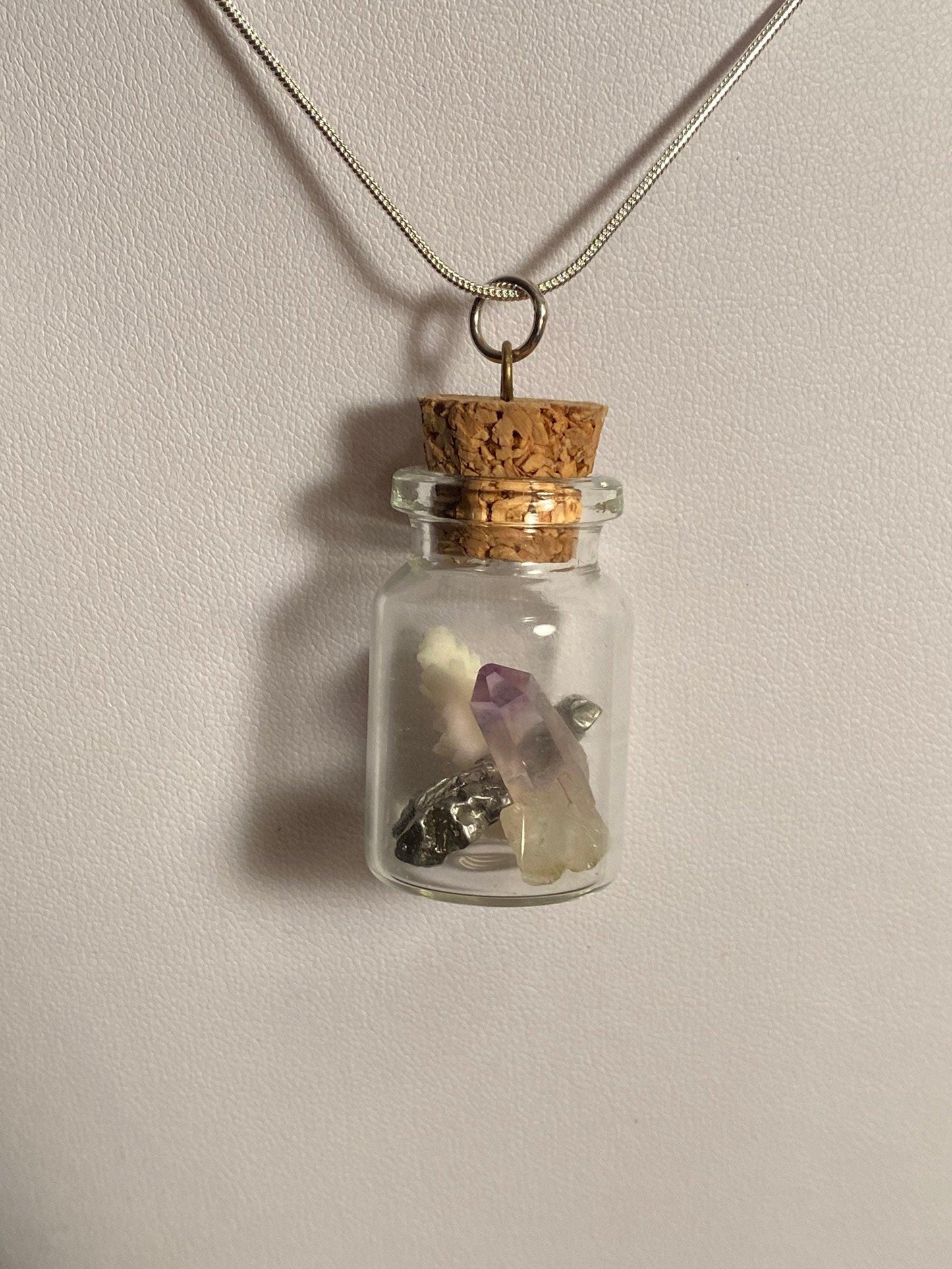 Earth, Water and Space in a Bottle Pendant, (Amethyst Crystal, White Coral, Meteorite)