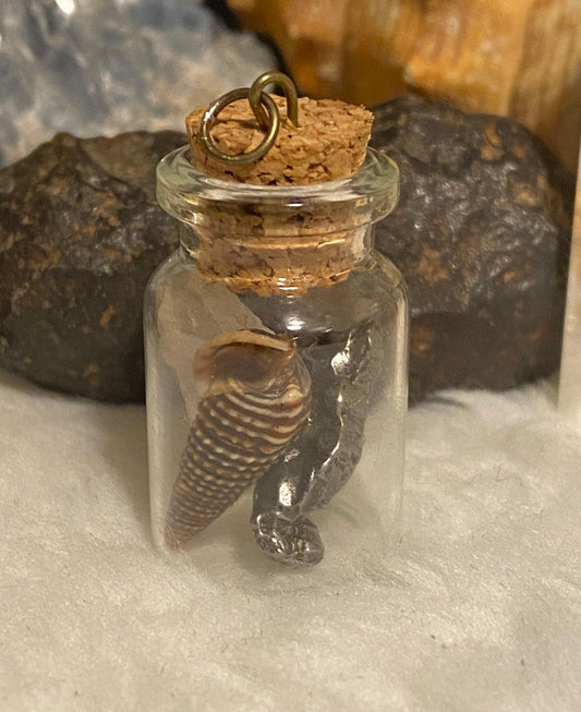 Earth, Water and Space in a Bottle Pendant (Himalayan Quartz, Cerithium Shell, Meteorite)