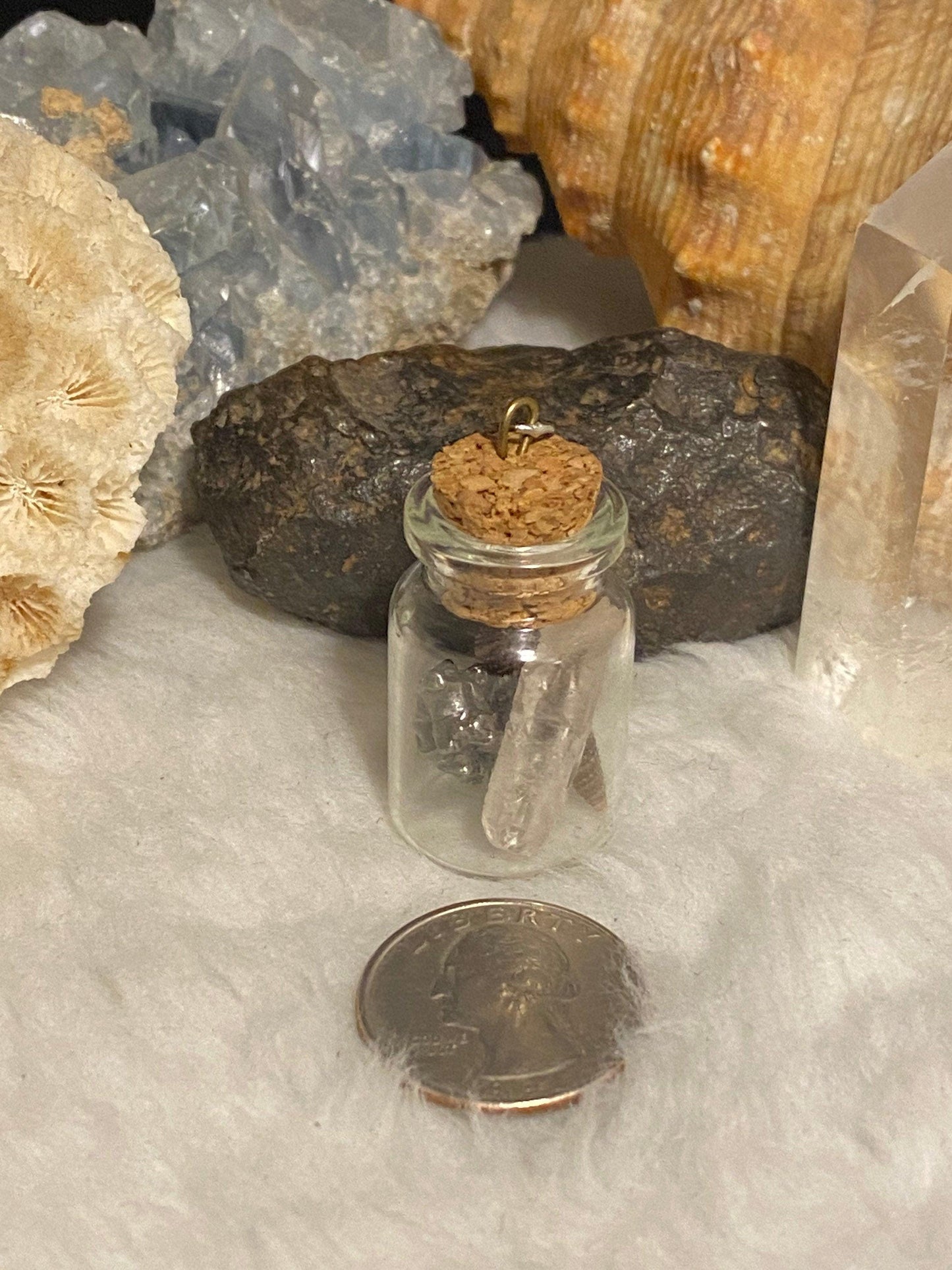 Earth, Water and Space in a Bottle Pendant (Himalayan Quartz, Cerithium Shell, Meteorite)