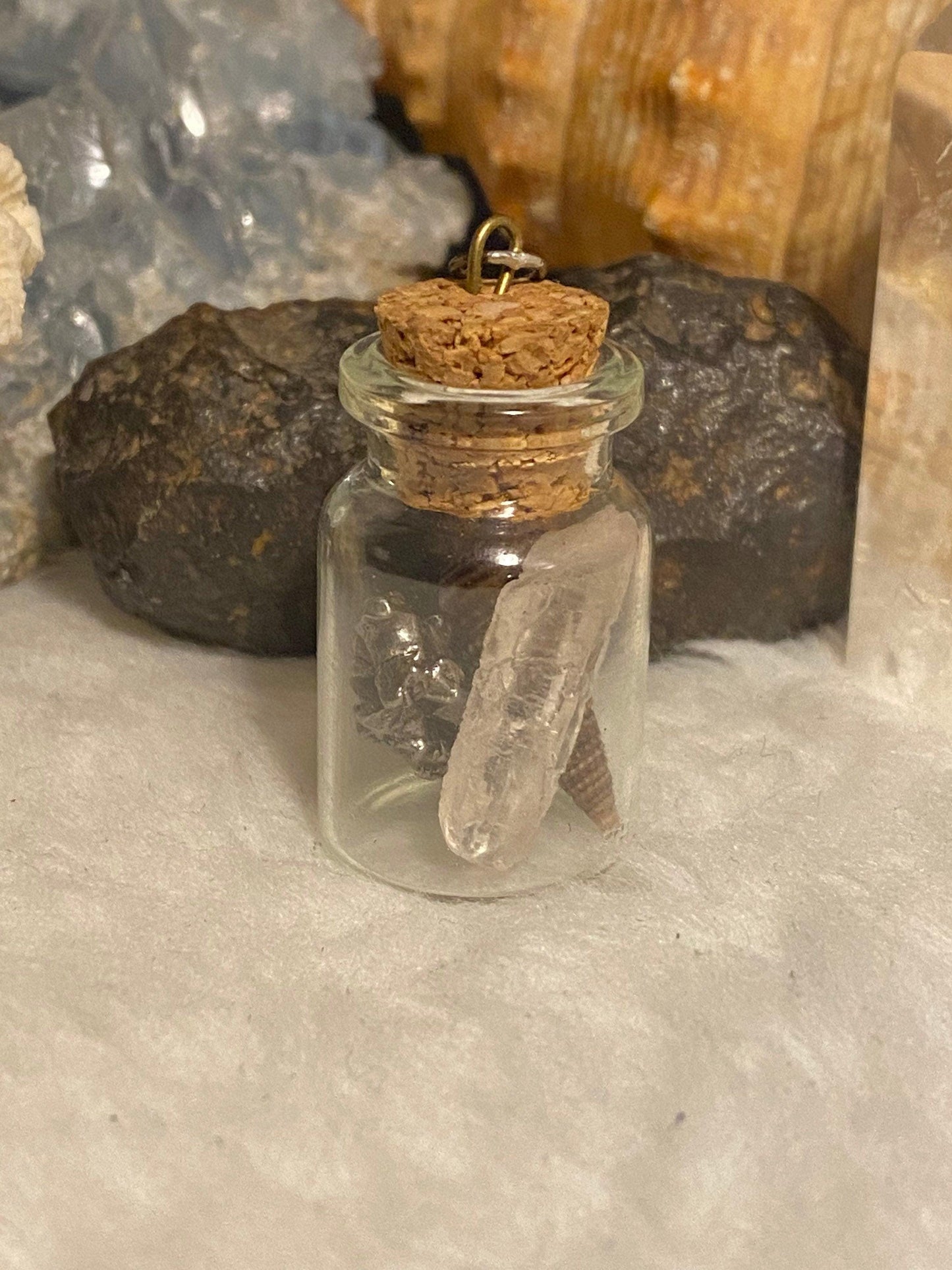 Earth, Water and Space in a Bottle Pendant (Himalayan Quartz, Cerithium Shell, Meteorite)