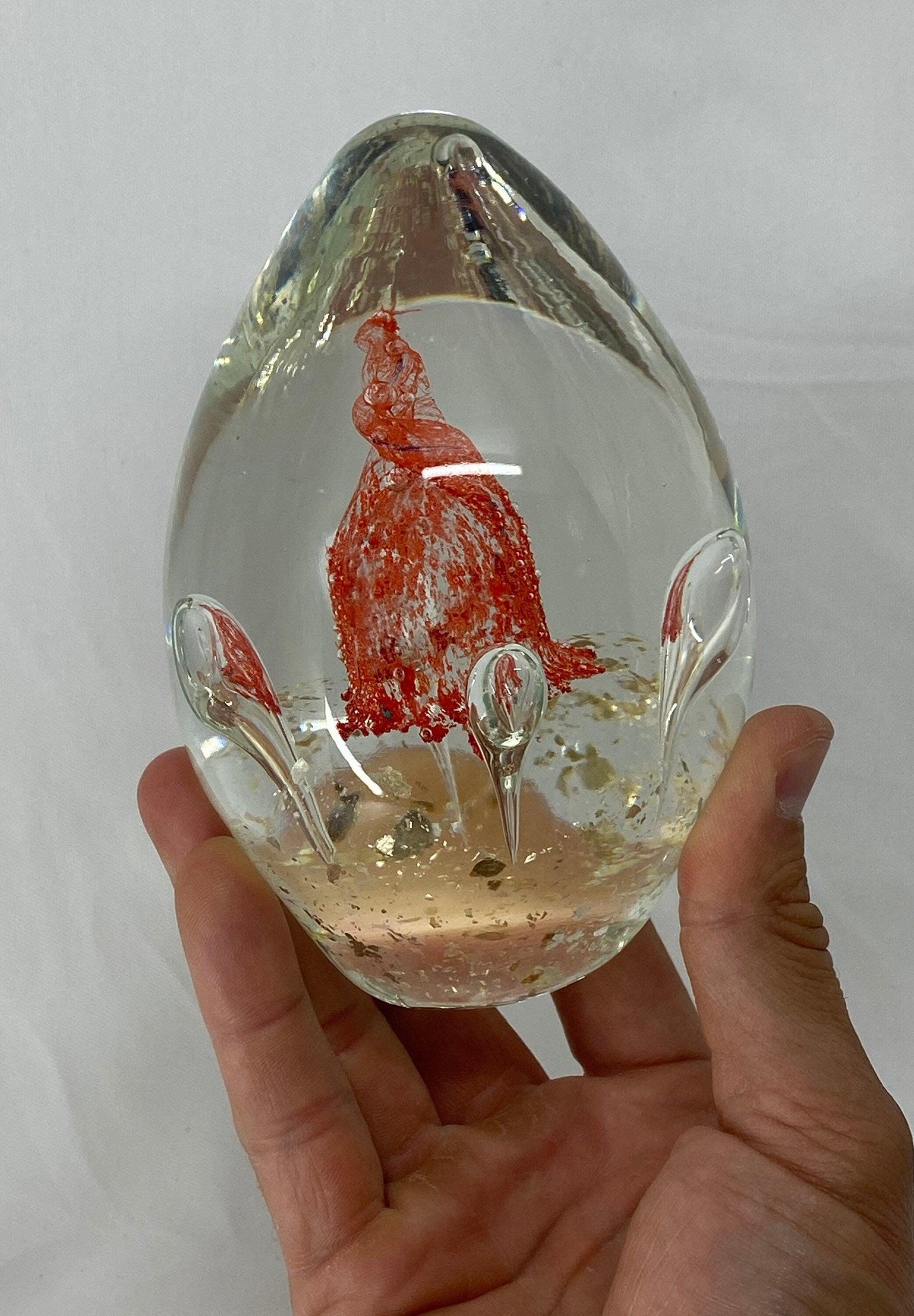 Crystal Blown Glass Paperweight, red orange swirl with four bubbles, The Perfect Gift