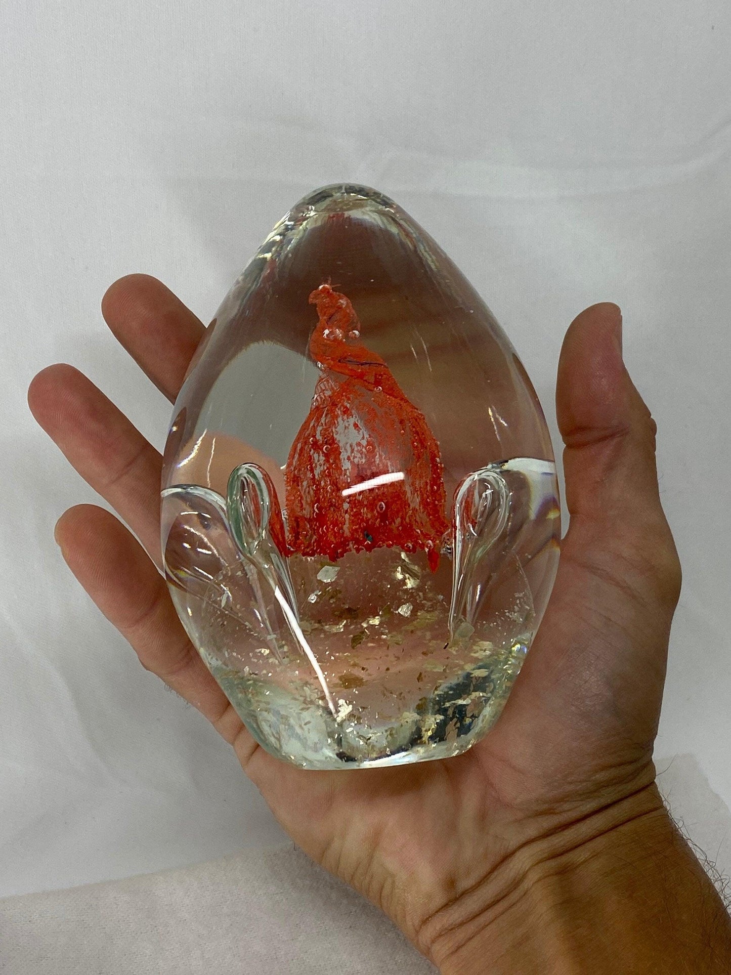 Crystal Blown Glass Paperweight, red orange swirl with four bubbles, The Perfect Gift