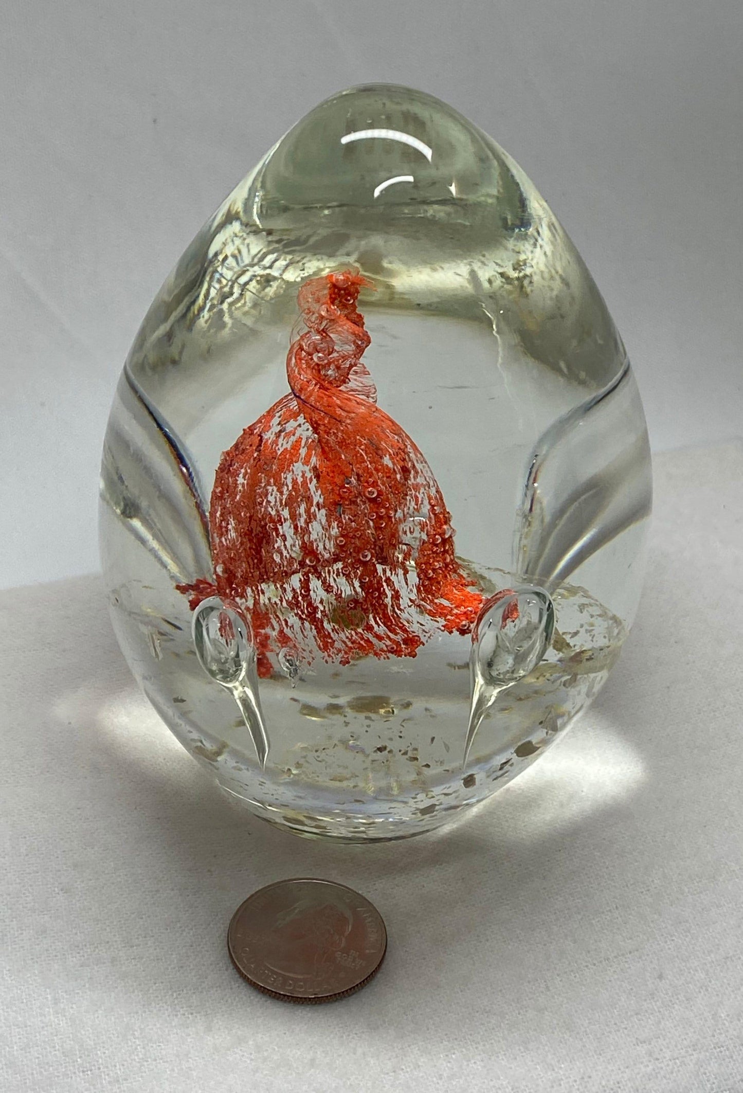 Crystal Blown Glass Paperweight, red orange swirl with four bubbles, The Perfect Gift