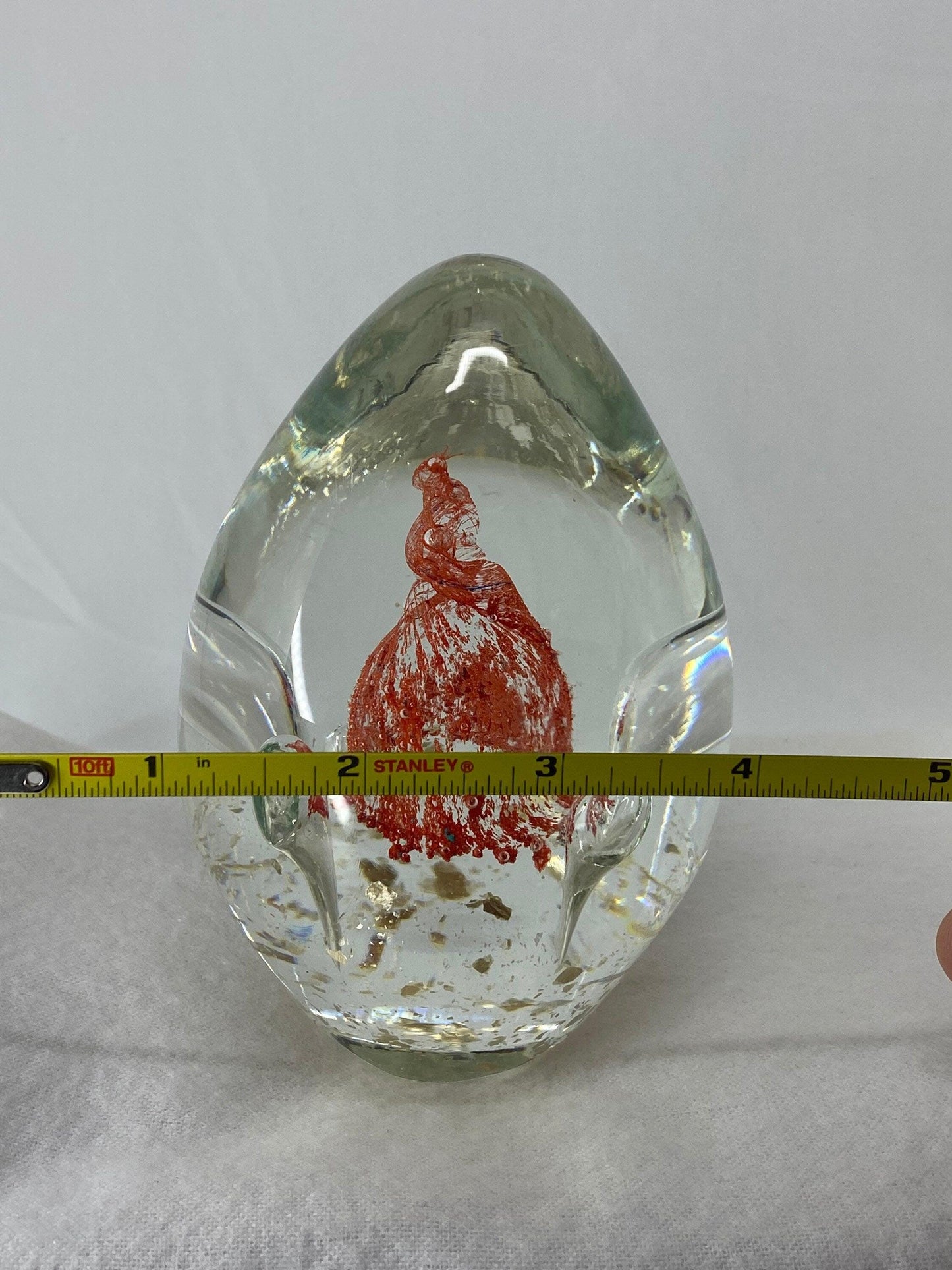 Crystal Blown Glass Paperweight, red orange swirl with four bubbles, The Perfect Gift