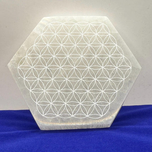 Om Symbol Selenite Charging Plate, Selenite Crystal, Reiki, Crystal Cleansing, Om Symbol, Hexagonal Shape, 12.4 oz