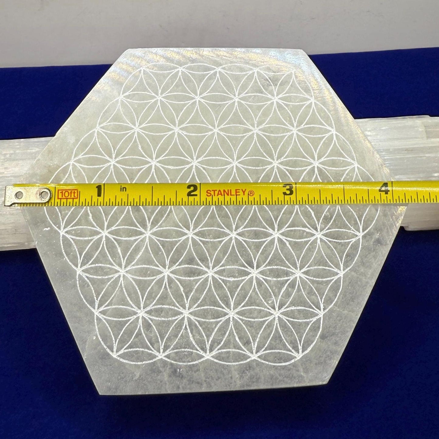 Om Symbol Selenite Charging Plate, Selenite Crystal, Reiki, Crystal Cleansing, Om Symbol, Hexagonal Shape, 12.4 oz