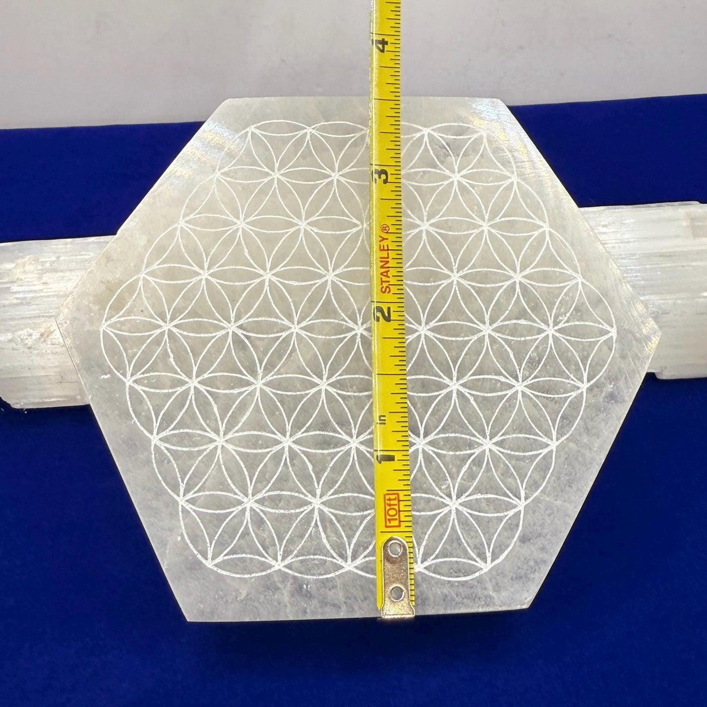 Om Symbol Selenite Charging Plate, Selenite Crystal, Reiki, Crystal Cleansing, Om Symbol, Hexagonal Shape, 12.4 oz