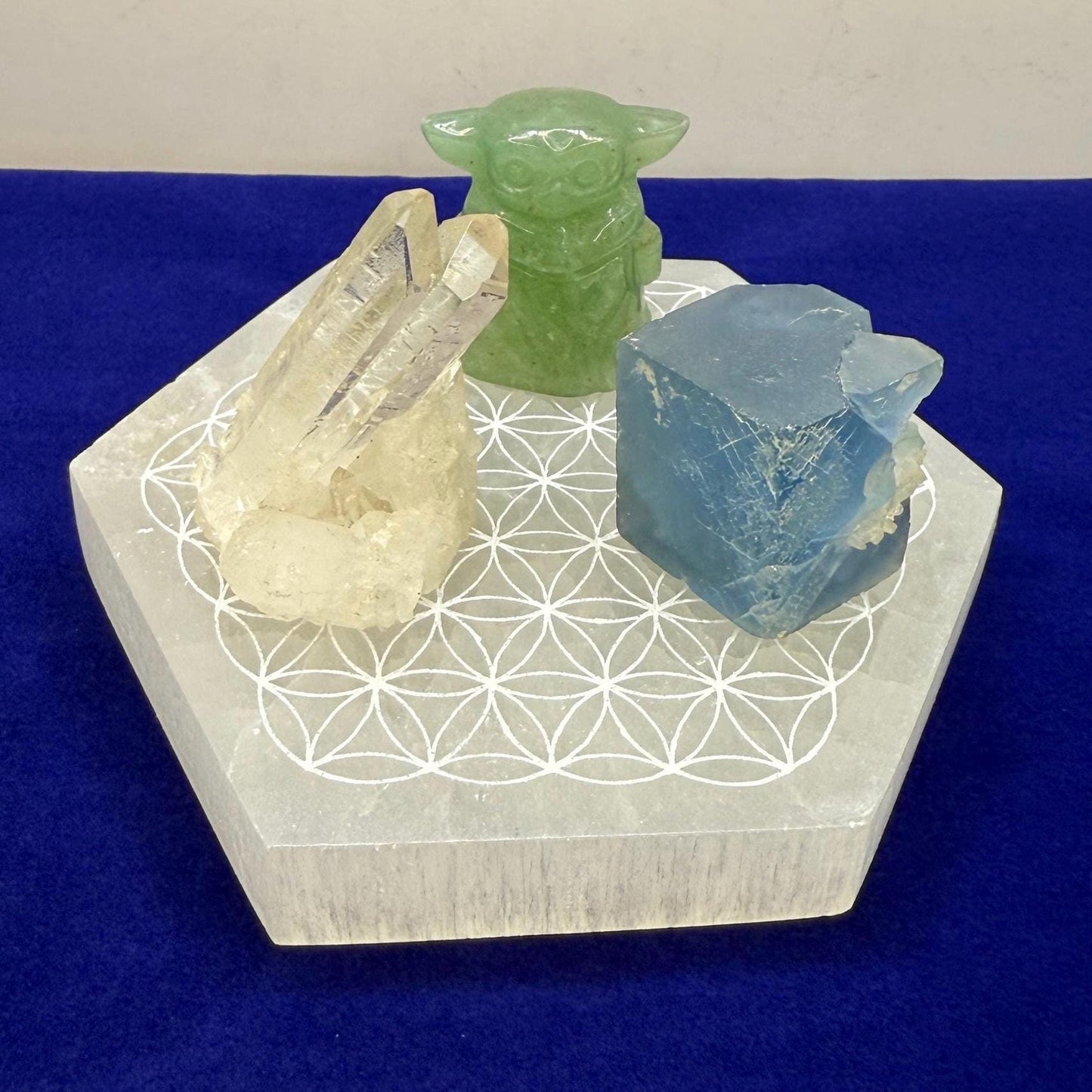 Om Symbol Selenite Charging Plate, Selenite Crystal, Reiki, Crystal Cleansing, Om Symbol, Hexagonal Shape, 12.4 oz