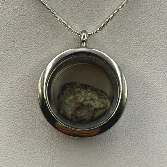 Lunar Meteorite Pendant: NWA 13974 Feldspathic Breccia, Moon Rock, Stainless Steel, 1.94 grams