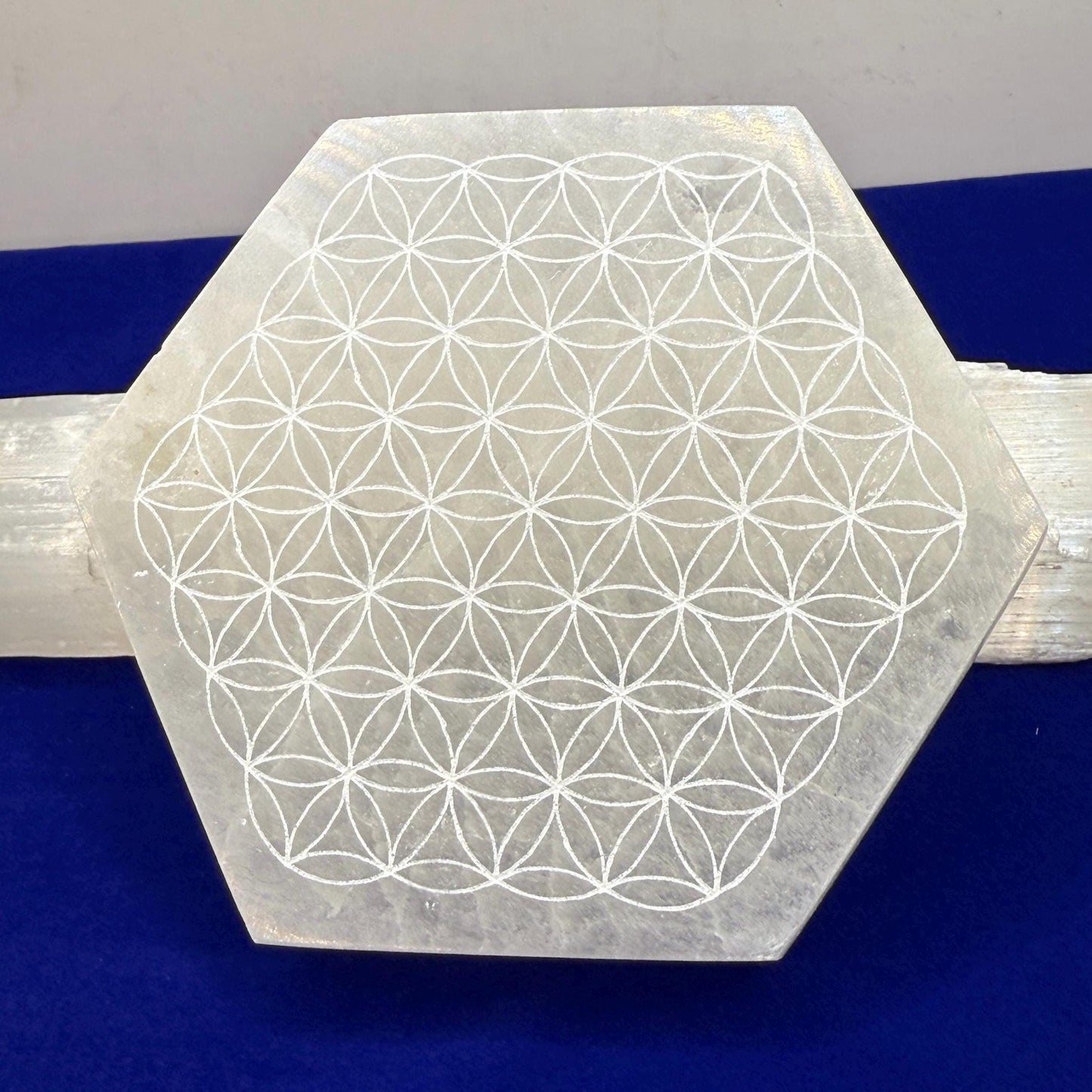 Om Symbol Selenite Charging Plate, Selenite Crystal, Reiki, Crystal Cleansing, Om Symbol, Hexagonal Shape, 12.4 oz