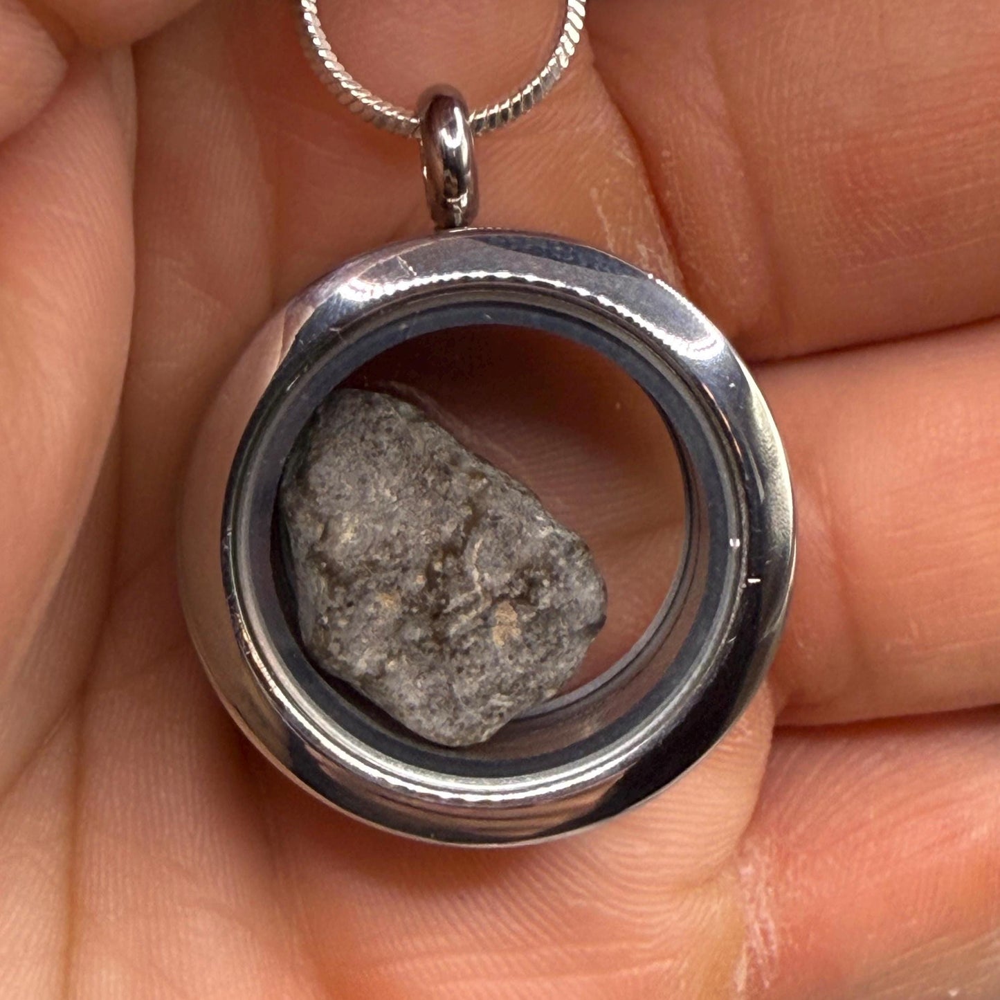 Lunar Meteorite Pendant: NWA 13974 Feldspathic Breccia, Moon Rock, Stainless Steel, 1.94 grams