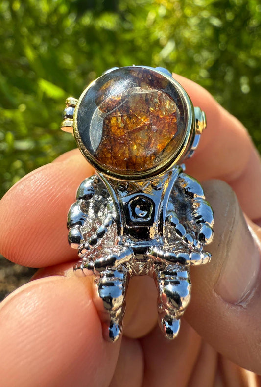 Spaceman Pendant with Sericho Pallasite Meteorite: Stainless Steel, Unique Space Jewelry
