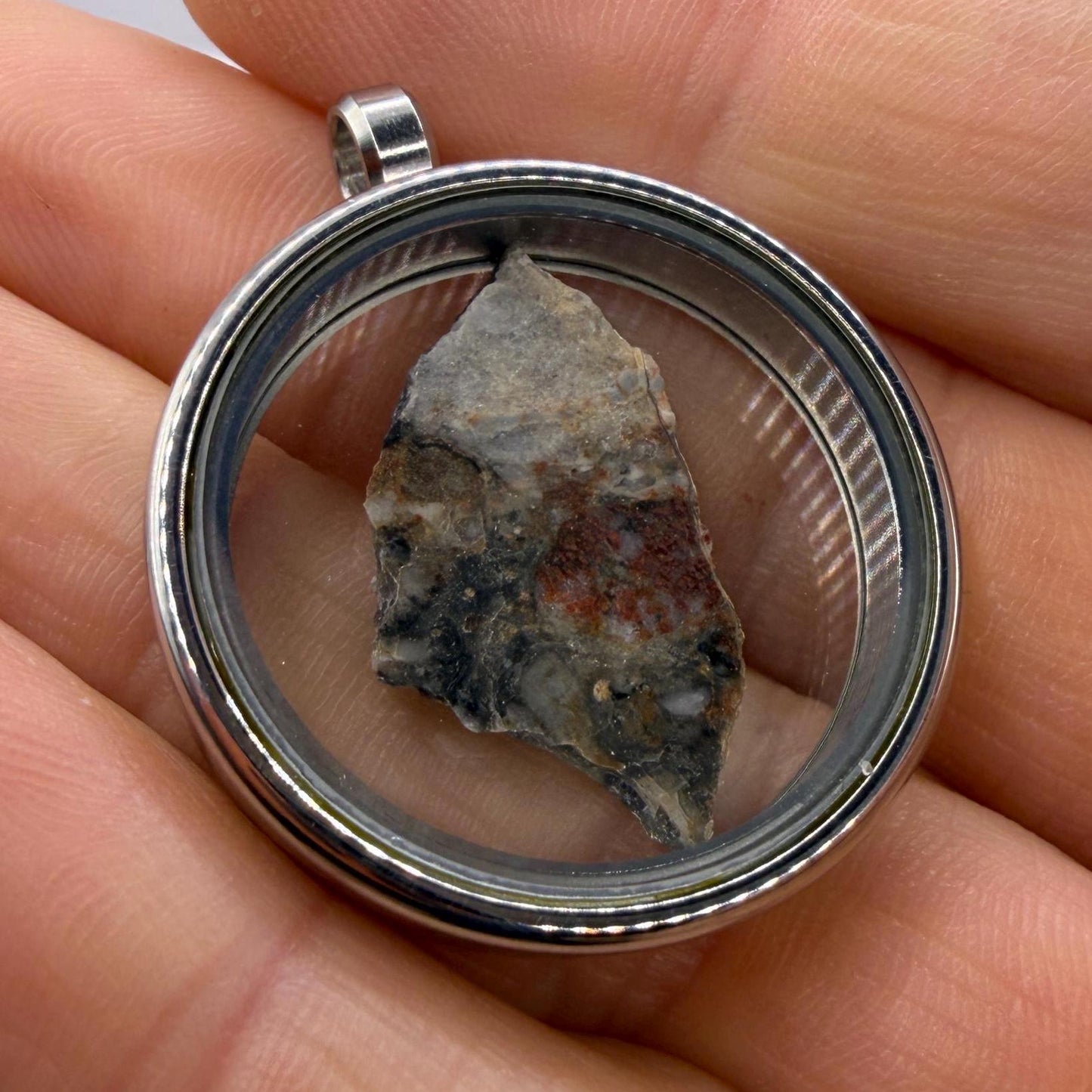 NWA 18045 Lunar Meteorite Slice Pendant, Authentic Moon Rock (Melt Breccia) in a Stainless Steel Window Pendant, 1.39g