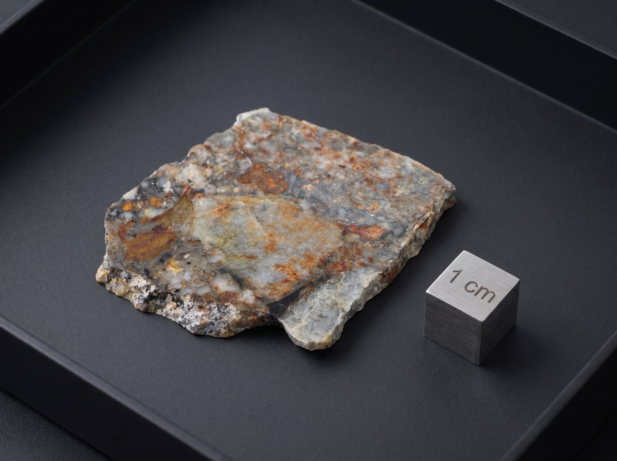 An NWA 18045 lunar meteorite slice beside a one centimetre scale cube