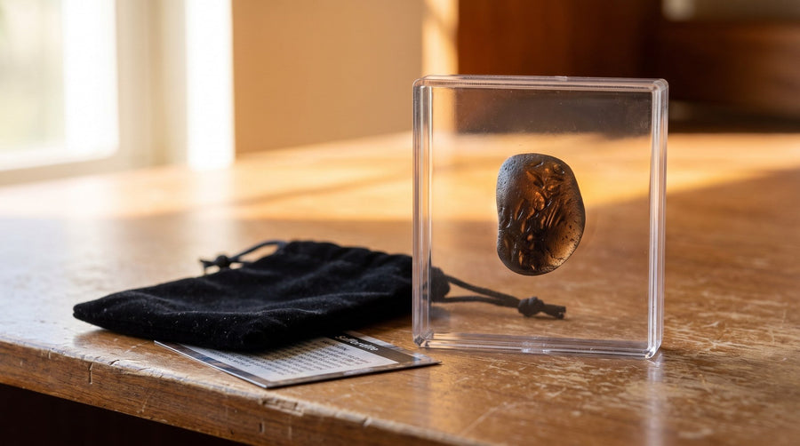 A Saffordite in a floating display case beside a velvet carrying bag and an information card